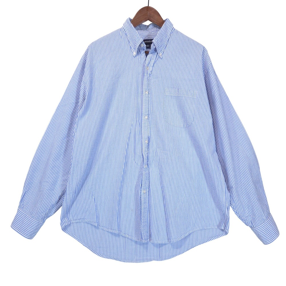 Lands End Striped Seersucker Button Down Shirt Mens L 16-16.5 Blue White Preppy